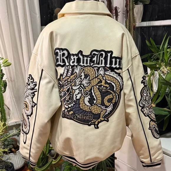 Cream Bomber Jacket with Dragon Embroidery - Picture 6 of 16